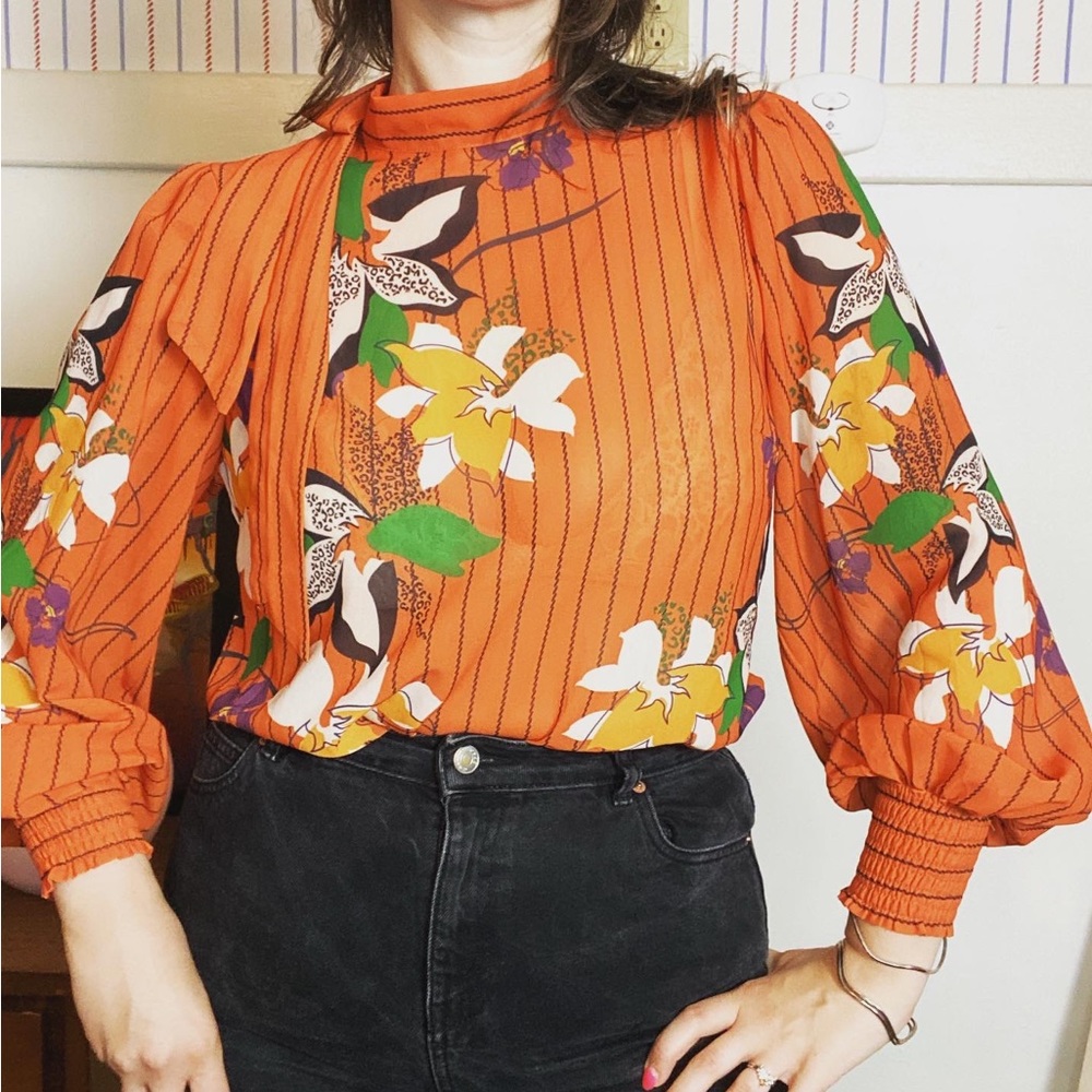 Fashion Nova Kathleen floral rust chiffon striped blouse